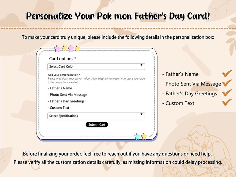 Peut inclure: Une carte de f&ecirc;te des p&egrave;res personnalisable avec une interface num&eacute;rique. La carte propose des options de personnalisation, telles que le nom du p&egrave;re, une photo, des v&oelig;ux et du texte personnalis&eacute;. Le design inclut un bouton de soumission.