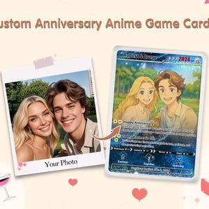 May include: Custom anniversary anime game card featuring a photo and an anime-style illustration of a couple. The card includes the names "Robert & Avery" and the year "2024". The image also includes a photo of a smiling couple.
