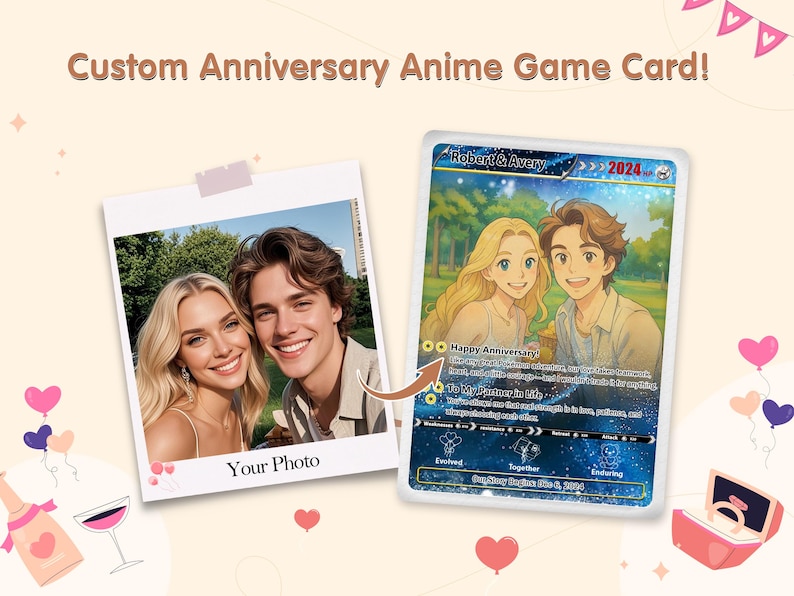 May include: Custom anniversary anime game card featuring a photo and an anime-style illustration of a couple. The card includes the names "Robert & Avery" and the year "2024". The image also includes a photo of a smiling couple.
