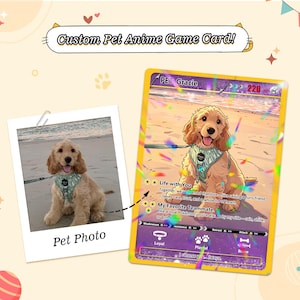 May include: A custom pet anime game card featuring a golden-colored puppy wearing a green harness on a beach. The card displays the name Gracie, 220 HP, and text including Life with You and My Favorite Teammate. A pet photo is shown to the left.