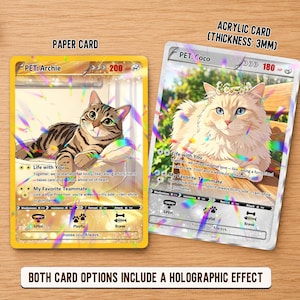 May include: Two rectangular trading cards with holographic effects. The left card is yellow, labeled 'PET: Archie' with 200 HP, featuring a tabby cat. The right card is silver, labeled 'PET: Coco' with 180 HP, featuring a white cat and 3mm thickness.
