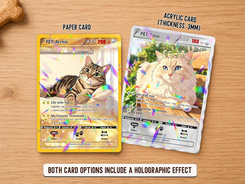 May include: Two rectangular trading cards with holographic effects. The left card is yellow, labeled 'PET: Archie' with 200 HP, featuring a tabby cat. The right card is silver, labeled 'PET: Coco' with 180 HP, featuring a white cat and 3mm thickness.