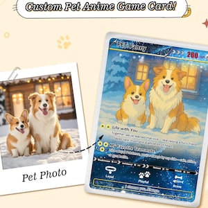 Carte photo anime personnalisée pour animal de compagnie, cadeau personnalisé pour les amoureux des animaux de compagnie, souvenir inspiré des Pokémon, portrait d'animal de compagnie de style anime, cadeau pour les amoureux des animaux