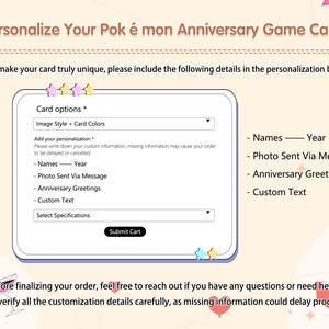 May include: A digital image promoting a customizable anniversary game card. The card customization form includes options for image style, card colors, names, year, photo, greetings, and custom text. The design features pink and purple accents.