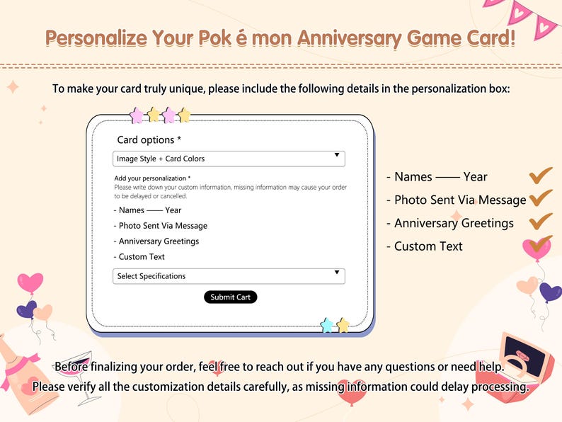 May include: A digital image promoting a customizable anniversary game card. The card customization form includes options for image style, card colors, names, year, photo, greetings, and custom text. The design features pink and purple accents.