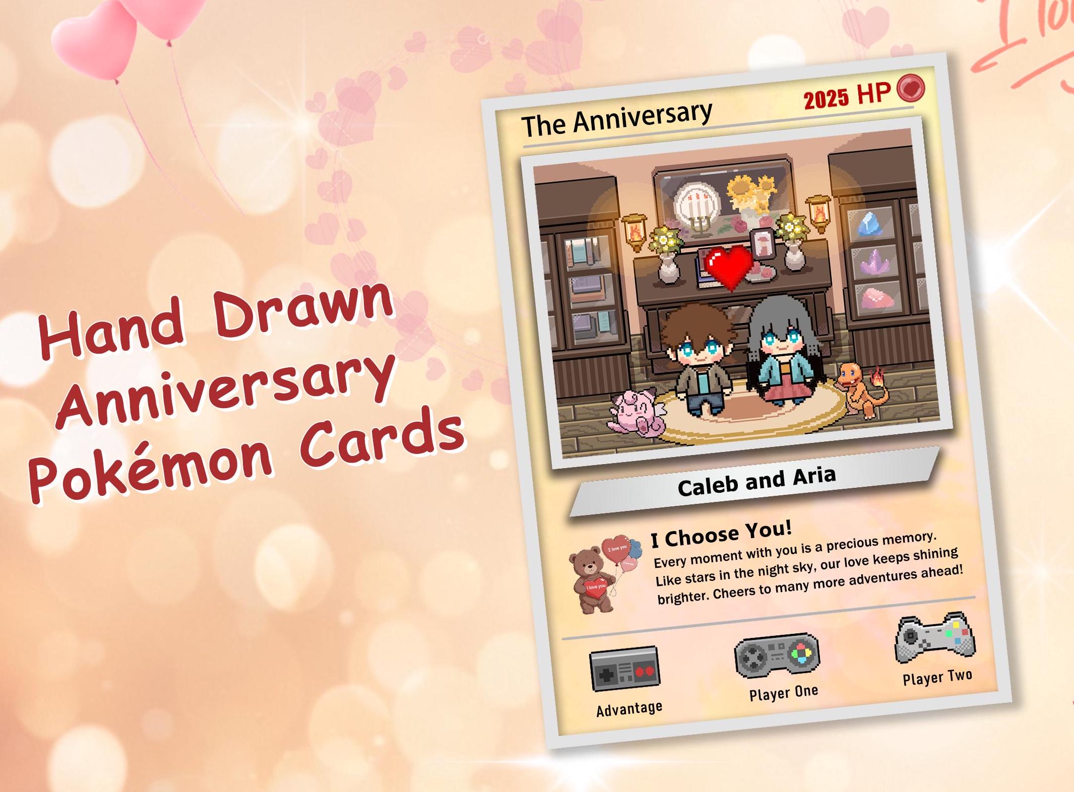 Hand painted commemorative cards based on Pokemon designs, Anniversary cards inspired by Pokemon, Custom Anniversary Cards, Anniversary gift