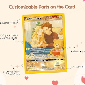 May include: A yellow card with an anime-style illustration of a couple holding teddy bears. The card includes the names "Ethan & Olivia" and the year "2023". Text on the card reads "Happy Anniversary!" and "To My Partner in Life".