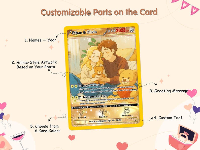 May include: A yellow card with an anime-style illustration of a couple holding teddy bears. The card includes the names "Ethan & Olivia" and the year "2023". Text on the card reads "Happy Anniversary!" and "To My Partner in Life".