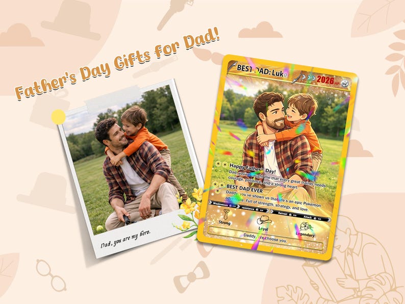Peut inclure: Cadeaux de la f&ecirc;te des p&egrave;res pour papa ! L'image montre une photo et une carte. La photo est celle d'un homme et d'un enfant qui s'embrassent. La carte est une carte du meilleur papa avec une photo d'un homme et d'un enfant qui s'embrassent. La carte contient le texte "Joyeuse f&ecirc;te des p&egrave;res !" et "Meilleur papa de tous les temps."
