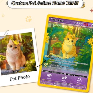 Carte d'anime personnalisée pour animal de compagnie, carte Pokémon personnalisée avec photo d'animal de compagnie, cadeaux pour amoureux des animaux de compagnie, cadeau chien ou chat, souvenir pour parents d'animaux de compagnie, conception de style anime