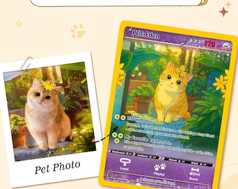 Carte d'anime personnalisée pour animal de compagnie, carte Pokémon personnalisée avec photo d'animal de compagnie, cadeaux pour amoureux des animaux de compagnie, cadeau chien ou chat, souvenir pour parents d'animaux de compagnie, conception de style anime