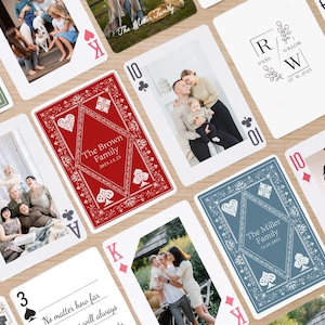 May include: A selection of personalised playing cards with family photographs. The cards show various family portraits, names, and dates. The card suits are visible, including hearts, spades, clubs, and diamonds.