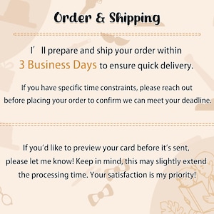 Peut inclure: Graphique beige avec les mots "Order & Shipping". Le texte indique que les commandes sont pr&eacute;par&eacute;es et exp&eacute;di&eacute;es dans les 3 jours ouvrables. Texte suppl&eacute;mentaire concernant les d&eacute;lais et l'aper&ccedil;u des cartes.