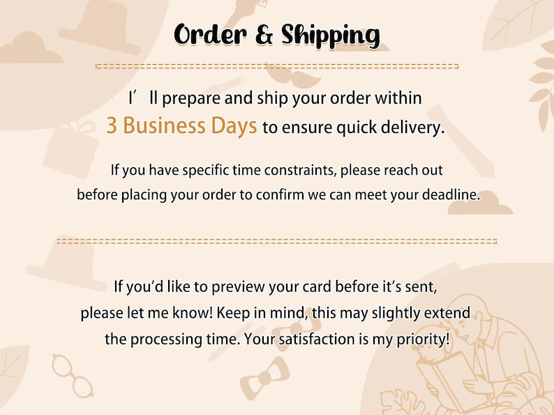 Peut inclure: Graphique beige avec les mots "Order & Shipping". Le texte indique que les commandes sont pr&eacute;par&eacute;es et exp&eacute;di&eacute;es dans les 3 jours ouvrables. Texte suppl&eacute;mentaire concernant les d&eacute;lais et l'aper&ccedil;u des cartes.