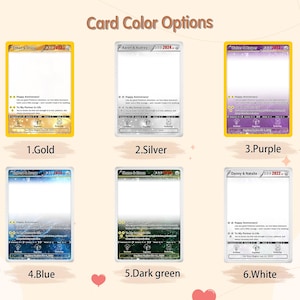 May include: Image showcasing six customizable anniversary card options. Each card features a different color border: gold, silver, purple, blue, dark green, and white. The cards include text fields for names, dates, and a personalized message.