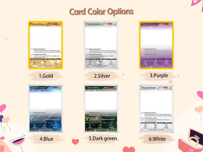 May include: Image showcasing six customizable anniversary card options. Each card features a different color border: gold, silver, purple, blue, dark green, and white. The cards include text fields for names, dates, and a personalized message.