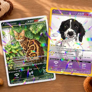May include: Two rectangular trading cards featuring custom illustrations of a brown spotted cat and a black and white dog. Each card displays the text PET: Oscar or PET: Honey, 220 HP, and descriptive phrases about pet companionship.