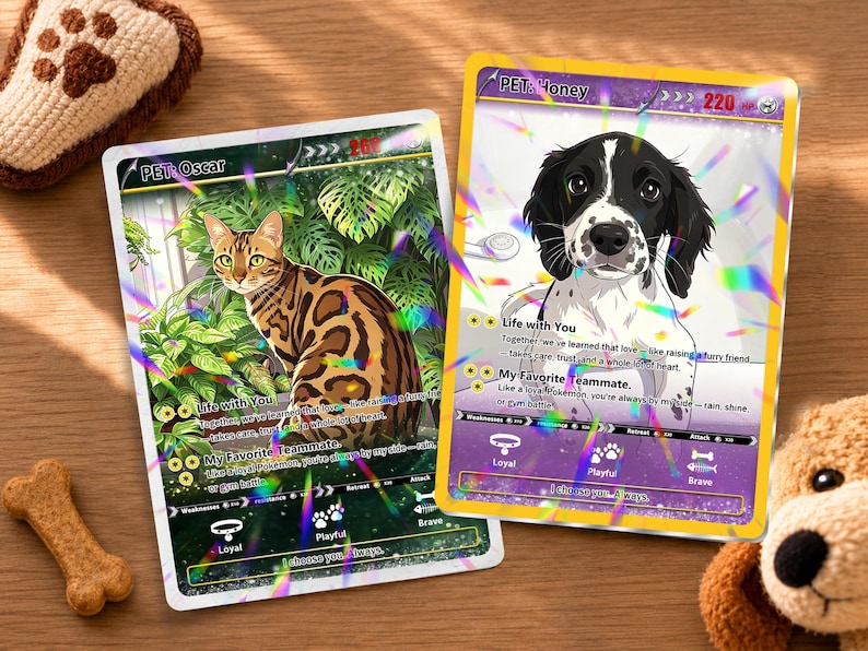 May include: Two rectangular trading cards featuring custom illustrations of a brown spotted cat and a black and white dog. Each card displays the text PET: Oscar or PET: Honey, 220 HP, and descriptive phrases about pet companionship.