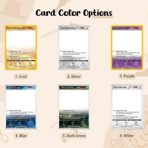 Peut inclure: L'image pr&eacute;sente six options de couleurs de cartes pour la f&ecirc;te des p&egrave;res : or, argent, violet, bleu, vert fonc&eacute; et blanc. Chaque carte a un design rectangulaire avec un int&eacute;rieur blanc et un bord color&eacute;. Le texte "Card Color Options" est en haut.