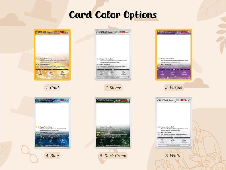 Peut inclure: L'image pr&eacute;sente six options de couleurs de cartes pour la f&ecirc;te des p&egrave;res : or, argent, violet, bleu, vert fonc&eacute; et blanc. Chaque carte a un design rectangulaire avec un int&eacute;rieur blanc et un bord color&eacute;. Le texte "Card Color Options" est en haut.