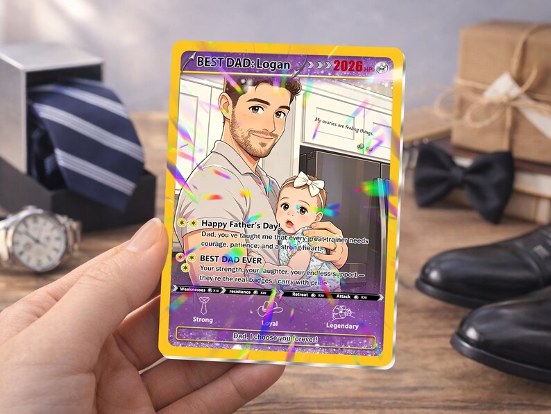 Peut inclure: Une carte de la f&ecirc;te des p&egrave;res personnalis&eacute;e avec une illustration d'un p&egrave;re et d'un enfant. La carte a une bordure jaune et le texte "Best Dad: Logan" et "Happy Father's Day". D'autres articles dans l'image incluent une montre, une cravate et des chaussures.