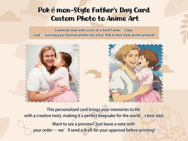 Peut inclure: Carte de la F&ecirc;te des P&egrave;res personnalis&eacute;e, transformant une photo en art anime. Le texte "Pok &eacute; mon-Style Father's Day Card Custom Photo to Anime Art" est inclus. Un cadeau unique, transformant les photos en &oelig;uvres d'art anime.