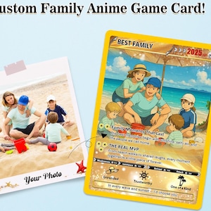 Carte mémoire familiale personnalisée de style Pokémon - Carte d'anime personnalisée avec photo de famille, noms et caractéristiques - Cadeau souvenir unique pour parents et enfants