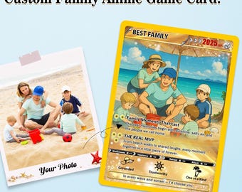May include: A custom family anime game card with a beach scene illustration and the text "BEST FAMILY". A photo of a family on the beach is also shown. The card includes text that reads "Family Moments That Last" and "THE REAL MVP".