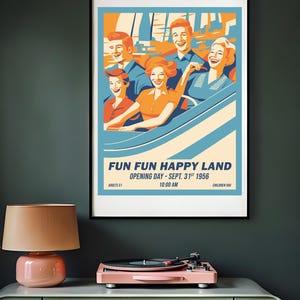 Póster de parque temático de los años 50 con decoración de dopamina colorida: impresión digital de parque de atracciones retro divertido