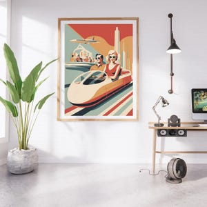 Póster de parque de atracciones retrofuturista de los años 50 con decoración de dopamina
