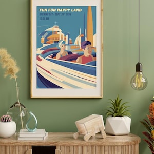 Póster de parque temático con decoración de dopamina de mediados de siglo: impresión artística digital de parque de atracciones retro de los años 50