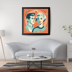 Póster de pareja feliz de los años 50 con decoración retrofuturista y atómica de dopamina