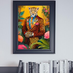 May include: A framed illustration of a cheetah wearing a leopard print suit and a blue tie. The cheetah is surrounded by lush green foliage and pink flowers. The background is a bright yellow.
