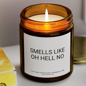 May include: A brown glass candle jar with a white label that reads "SMELLS LIKE OH HELL NO". The candle is lit and the wax is melting. The label also includes the text "9 oz. vegan coconut wax | handmade in USA" and "SmellsLikeVibes.com".