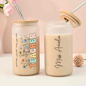 Personalized Teacher Glass Cup, Teacher Appreciation Gift, Custom Teacher Name Tumbler, Thank You Gift, Iced Coffee Cup, Back to School Gift