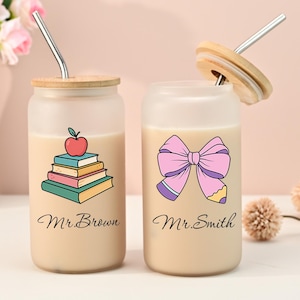 Personalized Teacher Glass Cup, Teacher Appreciation Gift, Custom Teacher Name Tumbler, Thank You Gift, Iced Coffee Cup, Back to School Gift