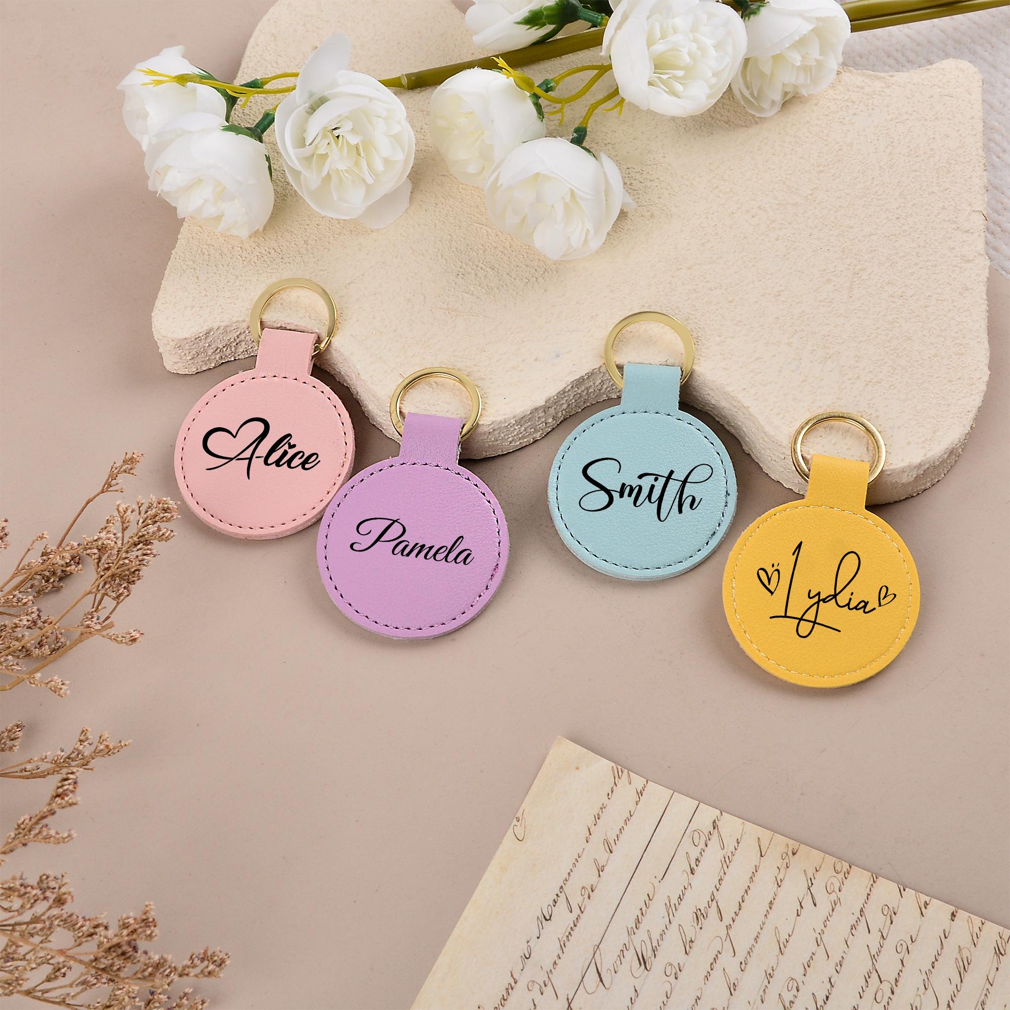 Personalized Circle Leather Keyring, Custom Name Keychain for Her, Initial Key Fob, Bridesmaid Gift, Wedding Favor for Friend, Birthday Gift