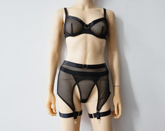 Black Mesh Lingerie Set | Bra, Panty & Garter Belt