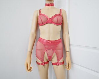Pink Mesh Lingerie Set | Bra, Panty & Garter