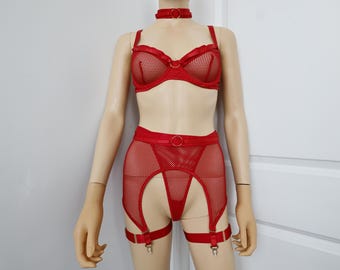 Red Mesh Lingerie Set | Bra and Panty with Garter