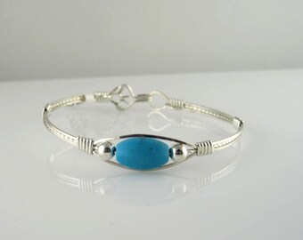 WSB-0027 Handmade Turquoise and Sterling Silver Wire Wrapped Bangle Bracelet