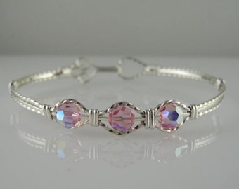 WSB-0079 Handmade Swarovski Crystal Bangle Bracelet Wire Wrapped with .925 Sterling Silver Wire