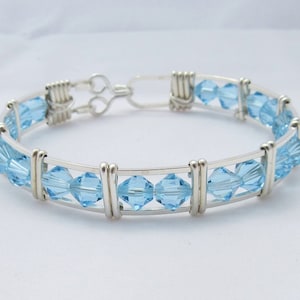 WSB-0292, Aquamarine Swarovski Bracelet, Handmade Bracelet, Swarovski Crystal Bracelet, Wire Wrapped, Bangle, Wire Wrapped Bracelet