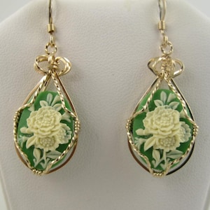 WSE-0114 Flower Cameo Handmade Earring Wire Wrapped with 14k Gold Filled Wire