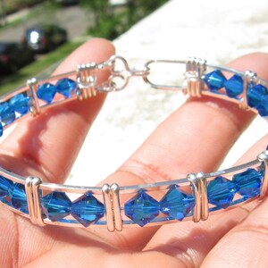 WSB-0284, Blue Sapphire Swarovski Bracelet, Handmade Bracelet, Swarovski Crystal Bracelet, Wire Wrapped, Bangle, Wire Wrapped Bracelet