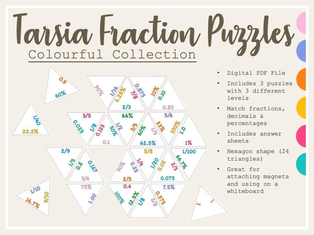 Tarsia Fraction Puzzle, Colourful, Minimal, Educational, Trendy ...