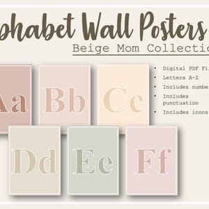 Beige Mom printable alphabet wall posters, classroom decor, beige aesthetic, trendy, minimal, educational