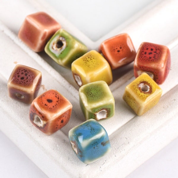 10pcs 10mm Cube Shape Handmade Fancy Glazed Ceramic Porcelain Loose Crafts Beads for Jewelry Making DIY Findings Bulk Lot