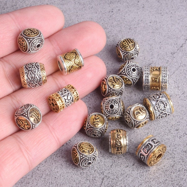 5pcs Round Cylinder Nepalese Buddhist Tibetan Silver/Gold Color Metal Loose Beads For Jewelry Making DIY Bracelet