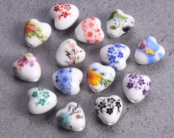 10pcs Heart Shape 13x12mm Flower Painting Handmade Ceramic Porcelain Loose Beads For Jewelry Making DIY Crafts Findings